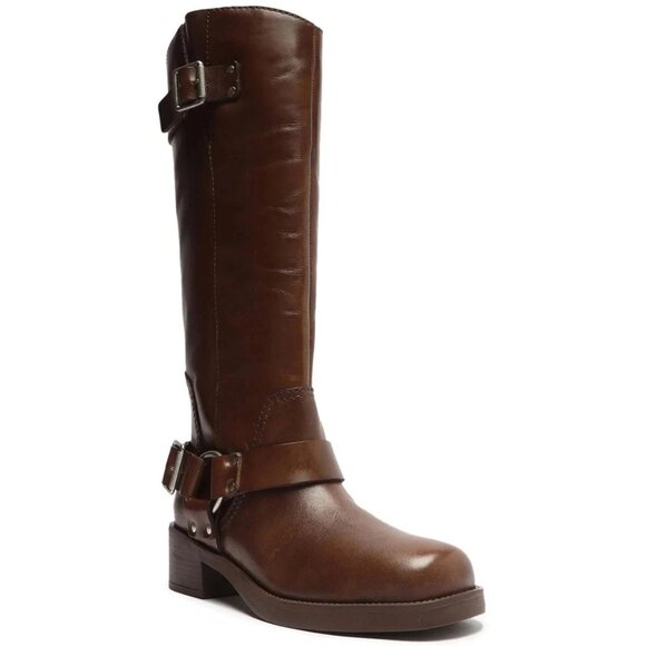 Arezzo Clara Knee-High Boots Brown Leather 6M Square Toe Block Heel MSRP $199 - Picture 1 of 5
